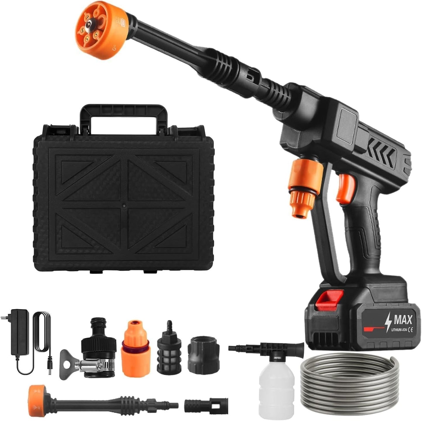 Velzaroae high pressure water cleaning gun with ergonomic handle and nozzle for outdoor cleaning tasks.