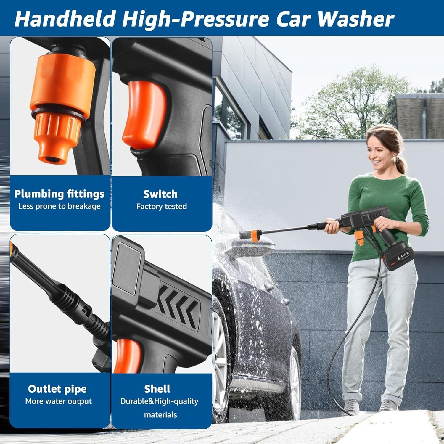 Velzaroae high pressure water cleaning gun with trigger and adjustable nozzle for outdoor cleaning tasks.